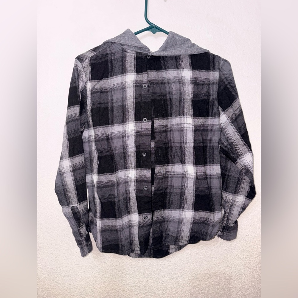 Tween Teen Boys Plaid Flannel Hoodie Shirt Black Gray XL 14-16